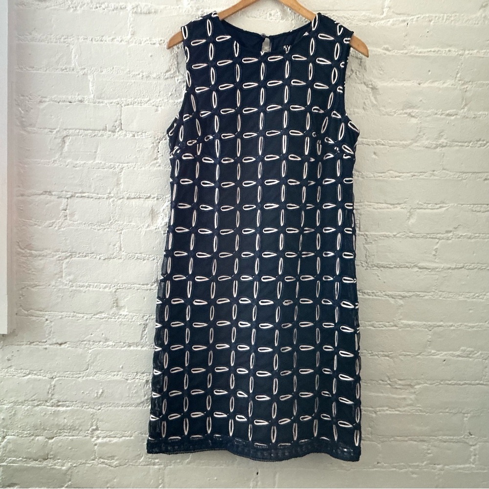 SLNY SL Fashions Navy Blue Sheer Overlay A-Line Dress Soutache Floral Cocktail